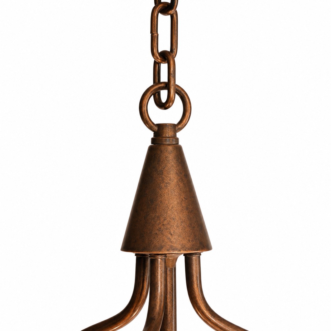 Close-up of antique bronze chandelier chain and upper cone