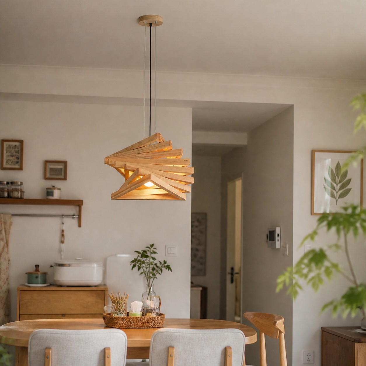 Natural wood pendant light above dining table